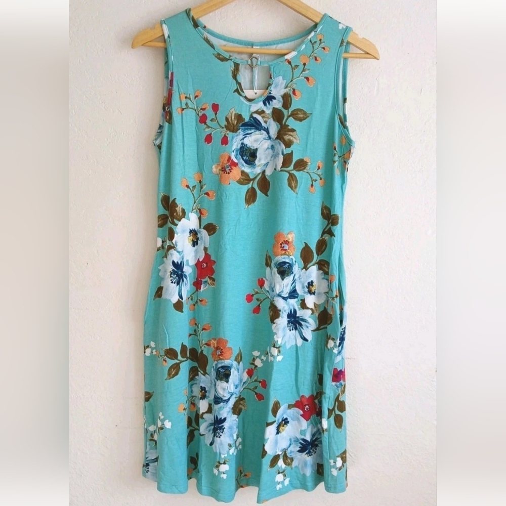 Mint Green Floral Sleeveless Summer Dress Summer Boho Tank M Sleevless Pockets